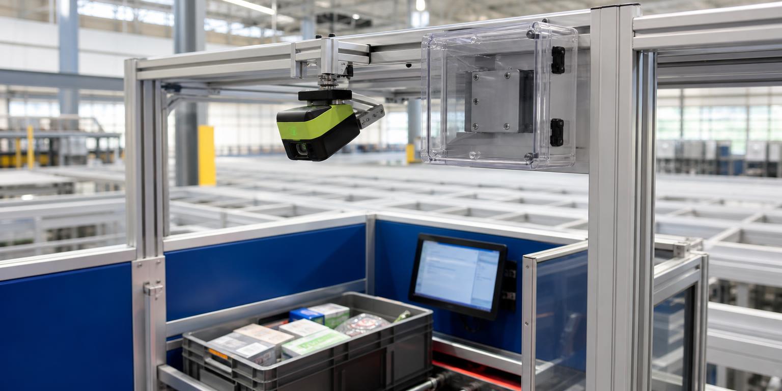 Fixed overhead scanner above an automated picking station