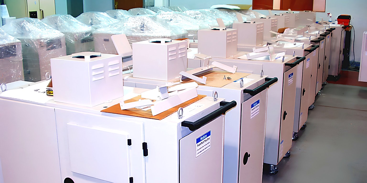 Bright, modern contract manufacturing floor with rows of machines and technicians at workstations