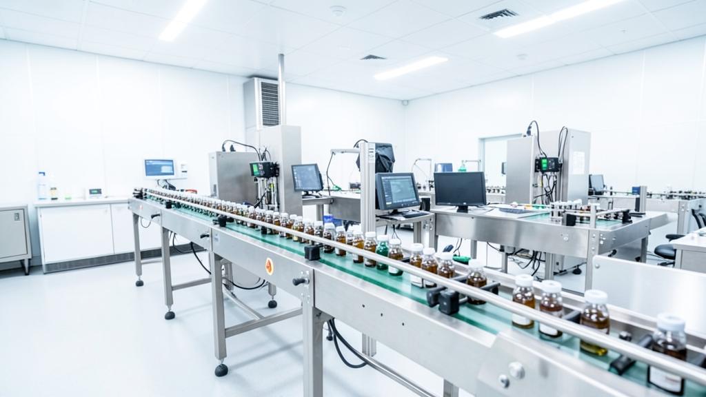 Pharmaceutical cleanroom packaging line with vials on a conveyor