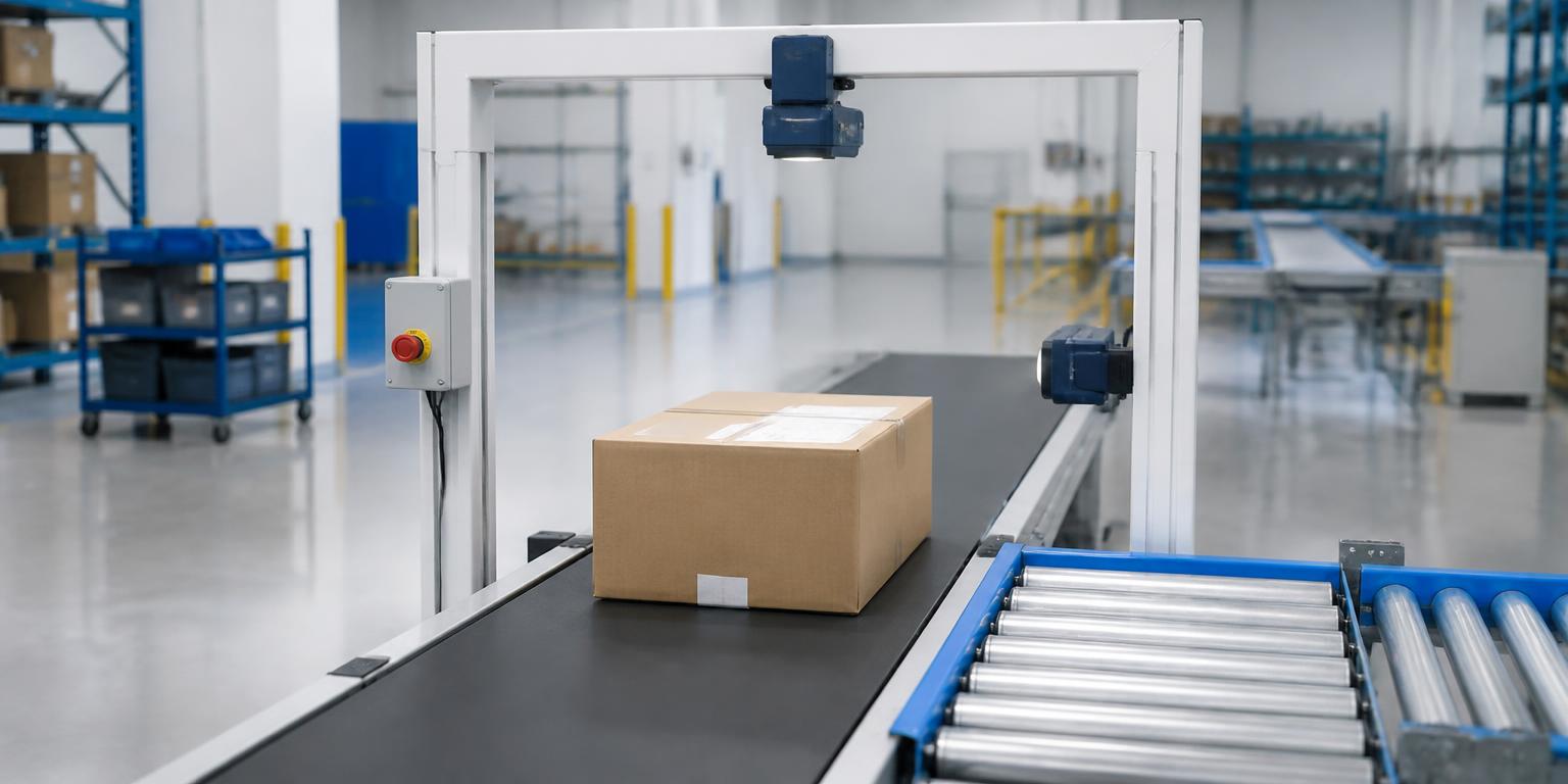 Conveyor passing through an overhead label scan tunnel