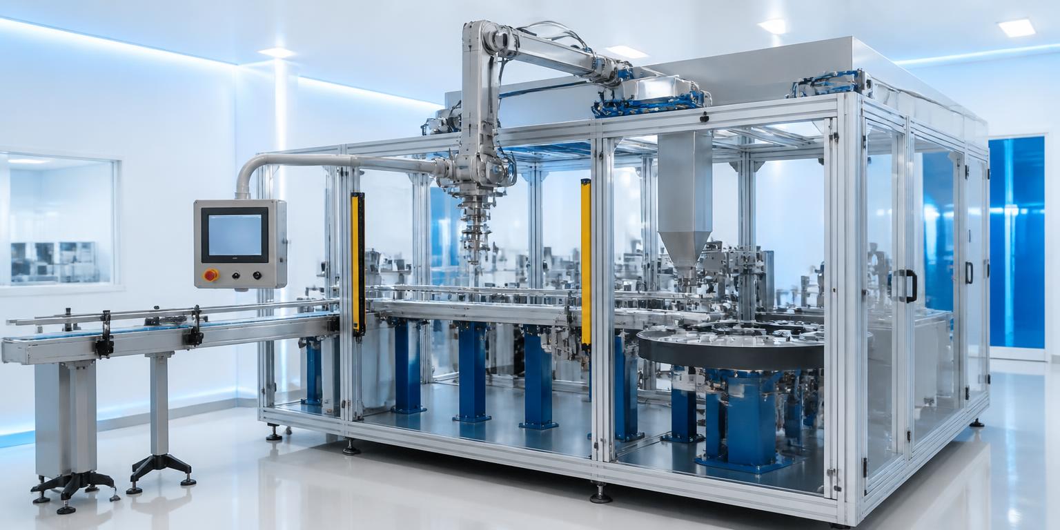 Robotic pharmaceutical packaging machine in a cleanroom