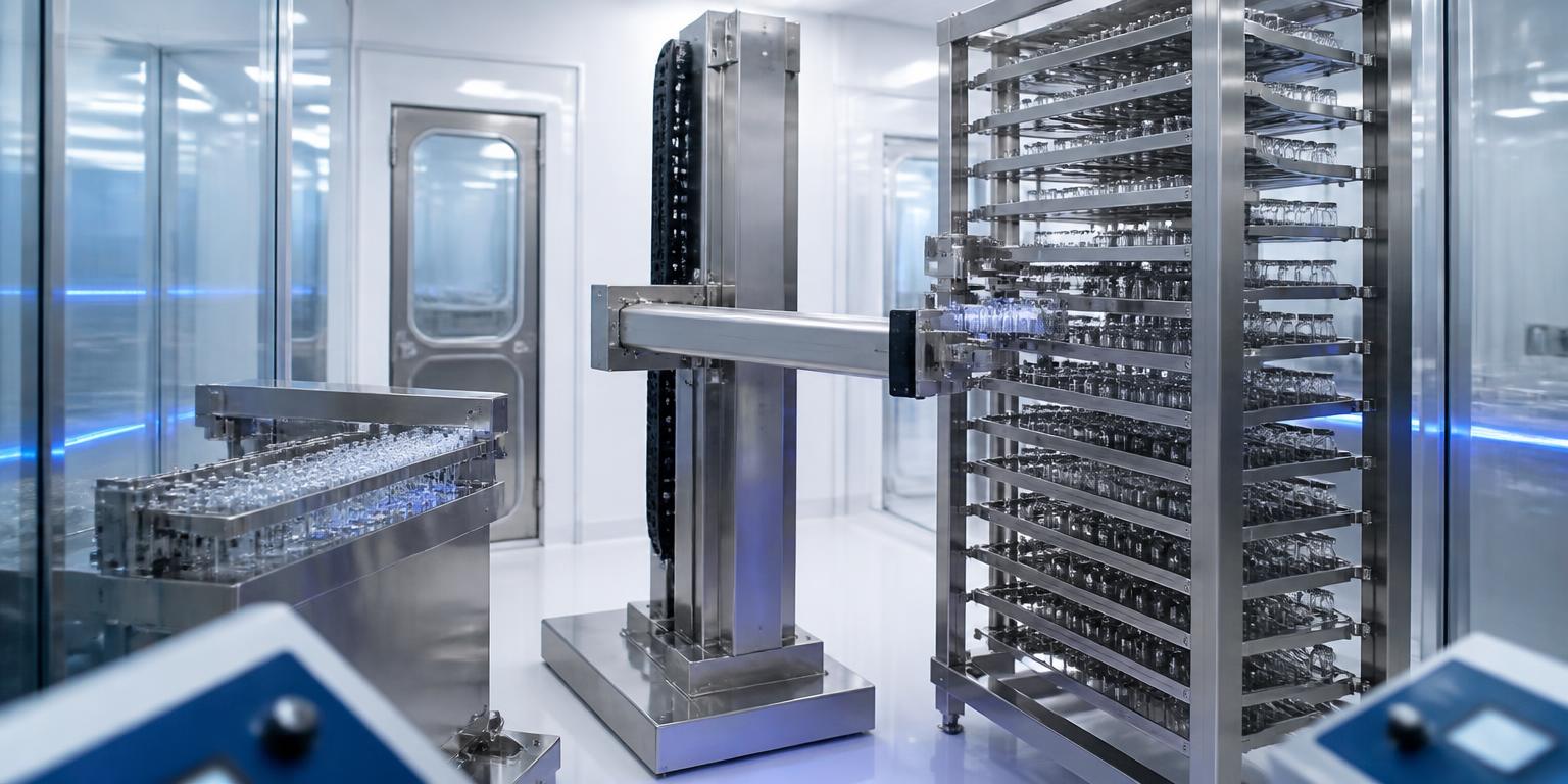 Automated pharmaceutical vial loading line in a cleanroom